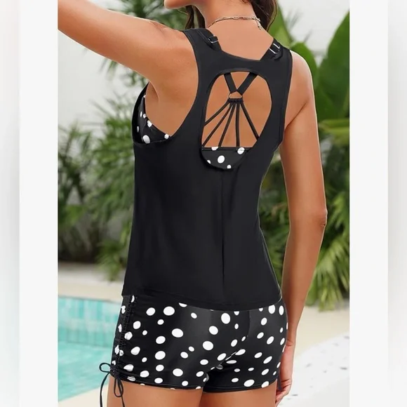 Yonique Womens 3 Piece Tankini Swimsuit Boyshorts Athletic Modest Black NWT M - Picture 4 of 7